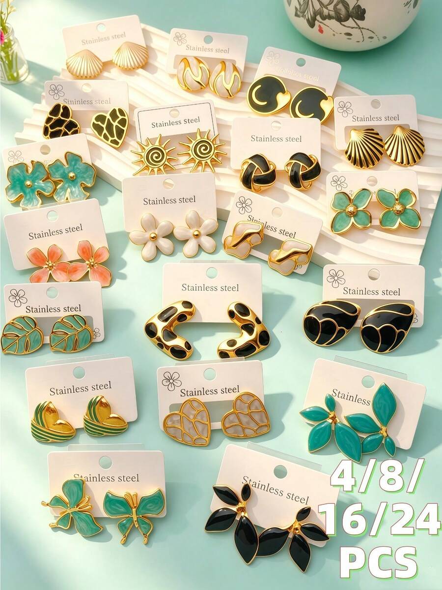 20-Piece Stainless Steel Multi-Element Earring Set – Flower, Star, And Shell Styles – Women's Fashion Jewelry & Earrings - Multicolor - View 1