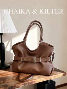 CHAIKA & KILTER 1pc Solid Color PU Fabric Tote Bag, Women's Vintage Fashion Shoulder Tote Bag, Dual Handle Design, Zipper Closure, Strap Decoration, Suitable For Daily And Street Use - Brown - View 5