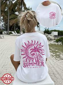 2026New Summer Collection,Women's Vintage-Style Sun And Palm Tree Print T Shirt |     Casual Round Neck,Short Sleeve,Regular Version,Size:S-7XL;Sh - 白色 - 查看 1