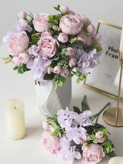1 Bunch Purple Artificial Hydrangea Peony Rose Silk Flower Bouquet For Home Wedding Bridal Bouquet Decoration