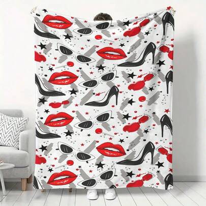 1PC Fashionable Red Lips, High Heels And Nail Polish Themed Flannel Blanket, Featuring Sunglasses, Lollipops And Black And Red Star Elements Print, Suitable For Sofa Bed Living Room Travel Office Shawl Blanket, Nap Blanket, Air Conditioning Blanket, Bed Sheet Blanket, Camping Blanket, Ideal Gift, Daily Gift, Halloween, Thanksgiving, Christmas Decoration, Perfect Gift For Friends And Family