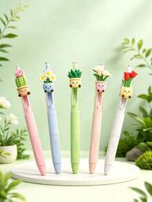 5pcs Creative Plant Shaped Neutral Pens, Random Cute Potted Plant Design Neutral Pens, 0.5mm Quick-Dry Black Ink Ballpoint Pens, First Day Of School - Multicolor - View 1