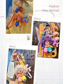 Cute 3D Curly Hair Clown Plush Bag Charm, Exquisite Handmade Resin Pendant With Heart-Shaped Clasp And Braided Hanging Rope, Fashionable And Adorable Backpack Accessory, Suitable For Back To School Decoration, Children's Birthday Gift, Also Can Be Used As Decoration For Daily Handbag Or Car Key - Multicolor - View 7