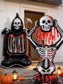 kumozawa 2 Huge Halloween Standing Bloody Skeleton And Grim Reaper Foil Balloons, Haunted House Ghost Party Decoration Photo Props Indoor Outdoor Yard Decor, Halloween Haunted House Escape Room Yard Front Door Decoration Supplies, Suitable For Halloween Party, Haunted House, Horror Theme Birthday, Indoor Outdoor Garden Yard Front Porch Photo Booth Decoration - Multicolor - View 5