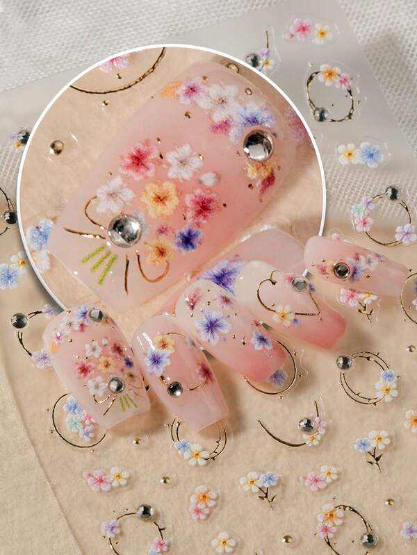 1pc Luxury Gentle Spring 5D Semi-Transparent Embossed Floral Nail Stickers, Light Pink, Blue, Yellow Gradient Mini Daisies With Fine Gold Wire, Curved Gold Lines And Transparent Rhinestone Accents, Soft Semi-Transparent Embossed Texture, Delicate And Thin, No Bulky Protrusion, Transparent Base Film Compatible With Nude Pink, Milk Tea, Ice Transparent Light Color Nail Polish. Suitable For Gentle Nude Tone Commuter Nails, French Luxury Floral Styles, Spring Bride Atmosphere Salon Creations, Ideal For Girls, Office Workers And Nail DIY Enthusiasts Who Like Exquisite Mini Flowers, Minimalist Luxury And Pastel Macaron Colors.