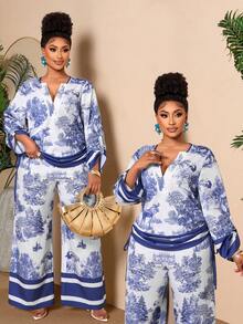 BIUBIU Damen Chic Toile Muster Große Größen Co-Ord Set V-Ausschnitt Aufrollbare Ärmel Kordelzug Top & Weite Hose, Perfektes Sommer Kreuzfahrt Outfit Elegant - Blau - Übersicht 5