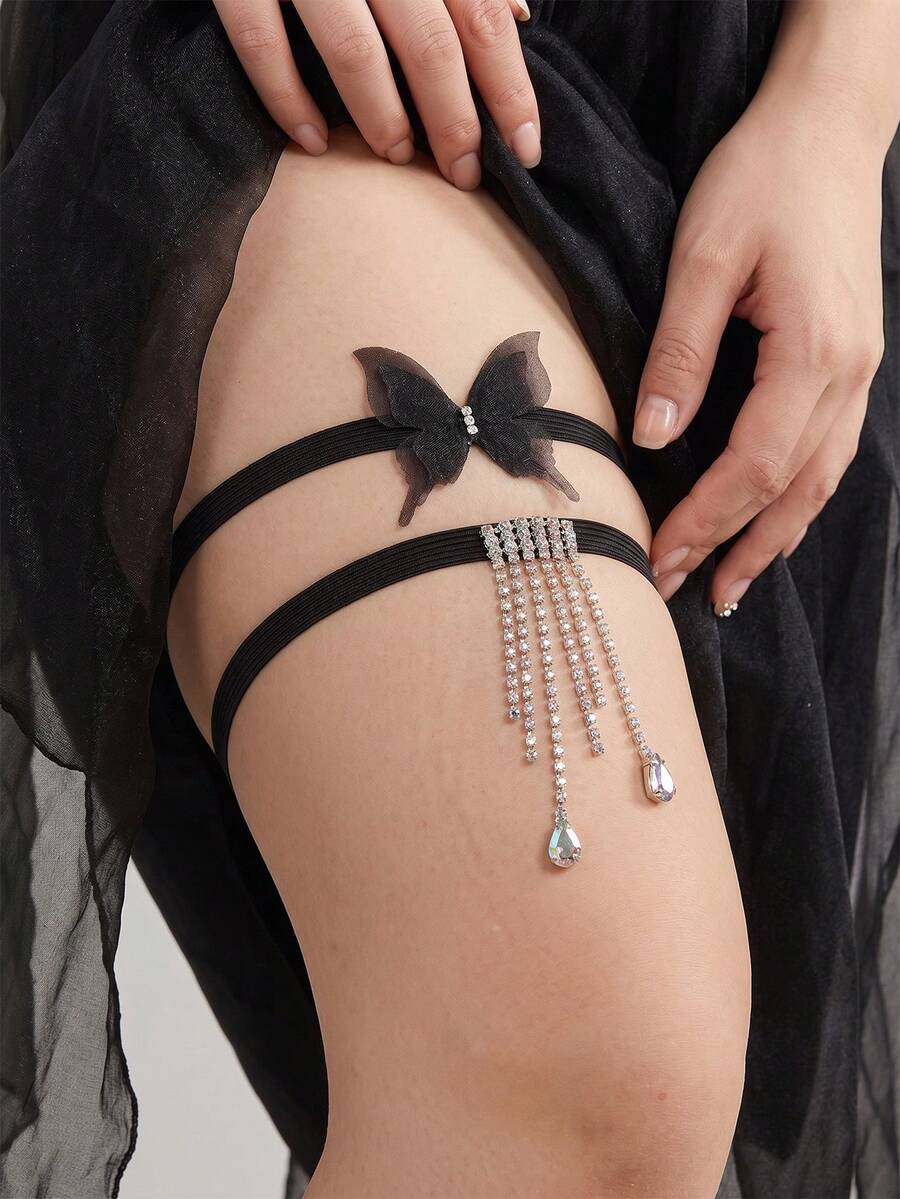 2pcs/Set Bridal Leg Garter Fashion Niche Black Elastic Rope Thigh Chain Stocking Garter Bridal Leg Accessory - Black - View 1