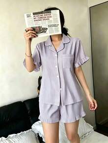 Dreamivo Fresh Striped Short Women's Pajama Set - Short Sleeve Button Collar Top And Pants, Soft Satin Pajamas, Machine Washable, Wearable Outdoors - Mauve Purple - View 3
