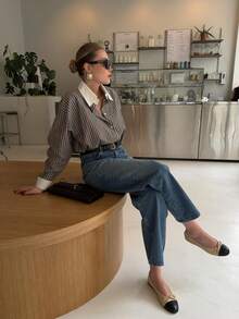 Women's Fashion Business Single-Breasted Striped Long Sleeve Shirt - Grey - View 5