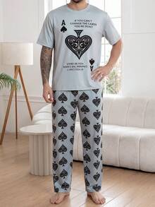 Men's Plus Size Fashion Pajama Set, Summer Round Neck Pullover Simple Thin Short Sleeve Long Pants Comfortable Casual Homewear - Multicolor - View 3