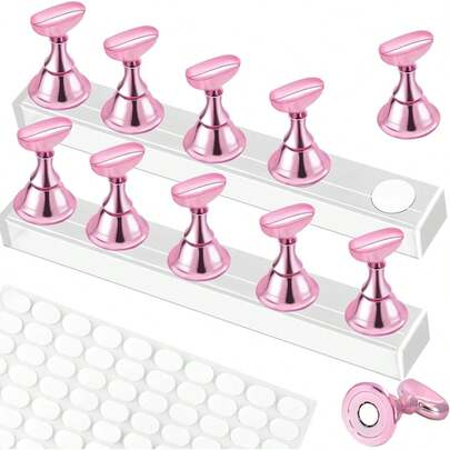 2 Set Nail Stand,Nail Holder Stand With 100 Pcs Double Sided Tape,Press On Nail Stand,Nail Practice Hand,Nail Holder For Painting Nails,For Nail Art Display,Home DIY Beginner Salon Supplies(Pink)