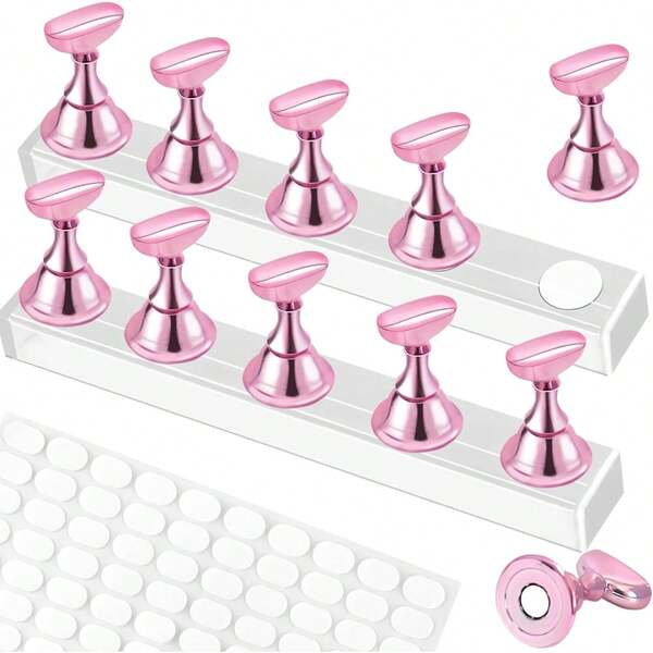 2 Set Nail Stand,Nail Holder Stand With 100 Pcs Double Sided Tape,Press On Nail Stand,Nail Practice Hand,Nail Holder For Painting Nails,For Nail Art Display,Home DIY Beginner Salon Supplies(Pink)