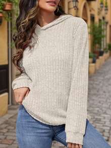 Women's Knitted Long Sleeve Crew Neck Hoodie With Pockets, Regular Length Casual Pullover Sweatshirt - Apricot - View 3