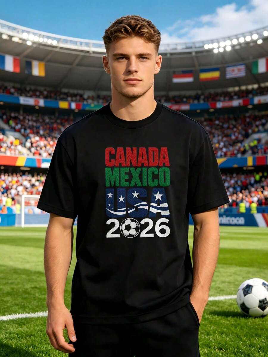 [Officially Licensed] Men's 2026 World Cup T-Shirt, Featuring Canada, Mexico, And USA 2026 Soccer Print, Comfortable And Versatile, Suitable For Everyday Wear, Meetings - 黑色 - 查看 1