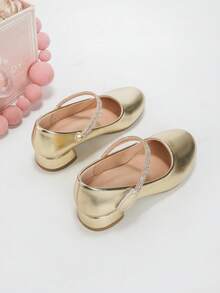 Girls 30-37 Size Rhinestone Strap Slip-On Chunky Heel Pumps, Commuter Fashion Elegant Versatile Party Banquet Style Solid Color Princess Shoes - Gold - View 6
