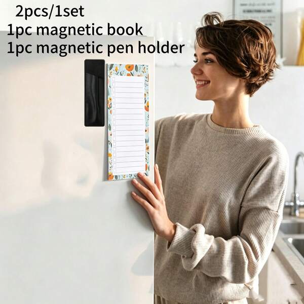 2pcs/Set, High-Quality Magnetic Memo Pad Shopping List Planner And Magnetic Pen Holder Set PU Material (Includes 1 Magnetic Notebook And 1 Magnetic Pen Holder) | 50 Sheets/Book Magnetic Back Sticky Notes | Durable Paper | Suitable For Refrigerator Magnet Planner/Shopping List/To-Do List/Memo | Perfect Birthday/Mother's Day/Thanksgiving Gift