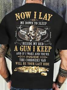 Camiseta popular para hombre estilo urbano 2026, camiseta gótica negra para hombre con la frase "Now I Lay Me Down to Sleep" impresa en la espalda, diseño de funda de bala dorada y eslogan d - Negro - Ver 1
