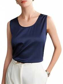 Charmeuse - playera sin mangas de satén para mujer, blusa de verano elegante de satén - Negro - Ver 2