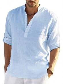 VictorFit Camisa de algodón y Lino para Hombre, Manga Larga, Estilo Hippie, Casual, para la Playa - Gris - Ver 7