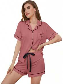 Conjunto de pijama para mujer, cuello con solapa, manga corta, top con bolsillo en el pecho y pantalones cortos con cintura elástica, 2 piezas, ropa de dormir para mujer. - LW41-Morado - Ver 9
