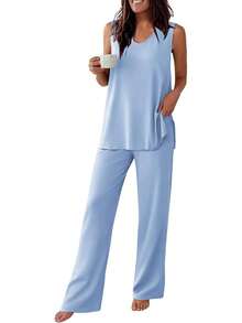 - Conjunto de pijama para mujer, sin mangas, cómodo conjunto de playera sin mangas y pantalones con cuello en V, 2 piezas, S-XXL - Raya gris - Ver 14
