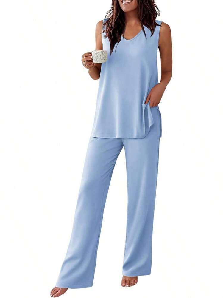 - Conjunto de pijama para mujer, sin mangas, cómodo conjunto de playera sin mangas y pantalones con cuello en V, 2 piezas, S-XXL - Raya gris - Añade 14
