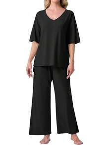 PrinStory - Conjunto de pijama de manga corta para mujer, conjunto de pijama de 2 piezas para mujer, cómodo ropa de descanso con bolsillos - Estrella rosa Fp - Ver 2