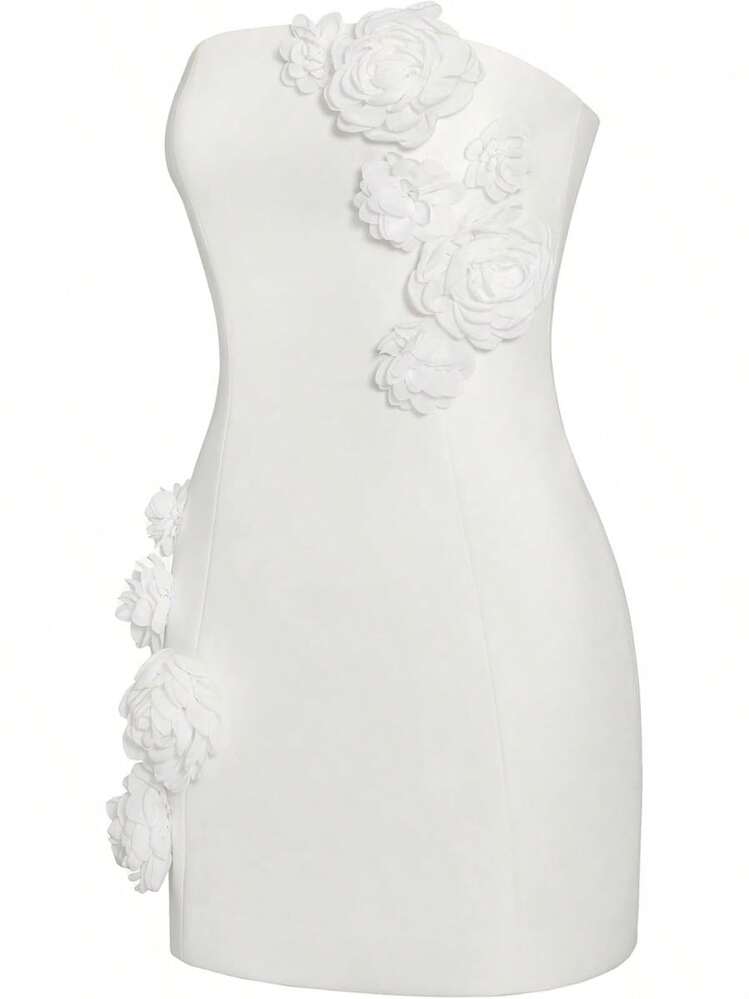 - Vestido sin tirantes para mujer, diseño de flores, color blanco - Rosa - Añade 4
