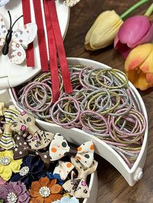 175pcs Morandi Color Block Vintage Hair Accessories Set For Girls, Includes Ribbon Flower/Artificial Butterfly/Rhinestone Satin Flower Hair Clips, Mini Claw Clips, High Elasticity Non-Damaging Hair Ties, Suitable For Daily/Party/Gift Use - Multicolor - View 7