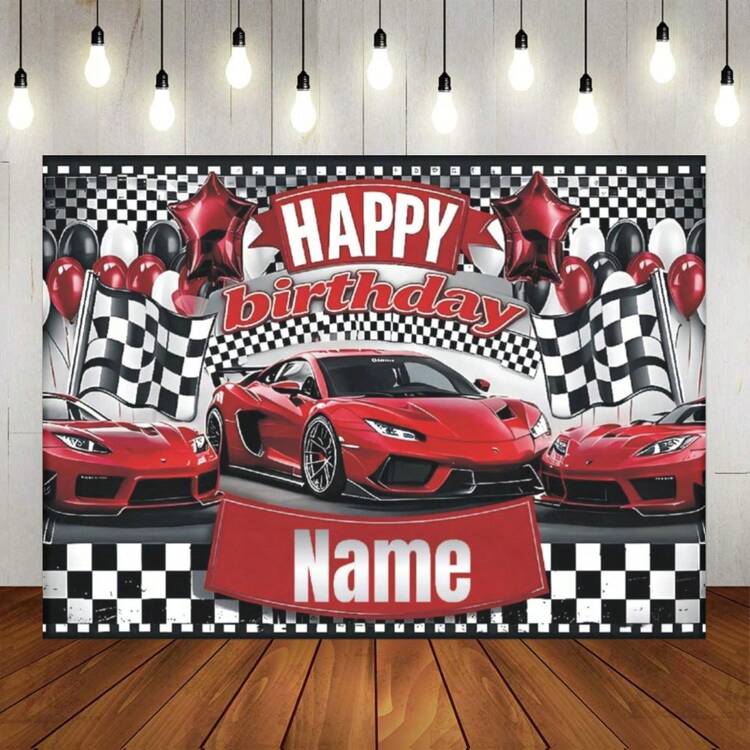 Customizable Name Stylish Racing Championship Birthday Banner, Black And White Flag Design With Red Race Car Pattern, Perfect For Birthday Party, Wall Decor, Photo Backdrop, Vinyl Banner Prop, Personalized Gift, For Boys - Multicolor - View 14