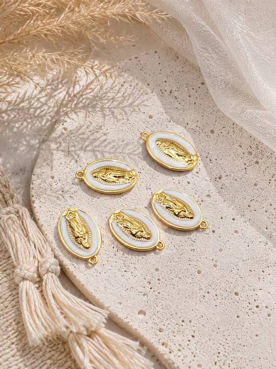 2/3/5pcs Stainless Steel 18K Gold Plated Oil-Drip Vintage Virgin Mary Pendant Set, Retro Fashion Exquisite Versatile Pendant Charm, Handmade Clavicle Chain, Mini Earrings, Daily Commute, Worship Wear Accessories - Yellow Gold - View 1