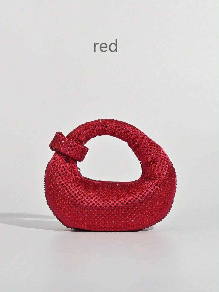 Mini bolso hobo en forma de media luna totalmente cubierto de strass asa circular integrada con lazo cremallera varios colores mujer fiesta boda cumpleaños regalo - Rojo - Ver 1