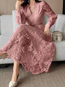 Vestido de media longitud con cinturón y cuello de encaje elegante para mujer, vestido de verano/primavera - Rosa - Ver 8