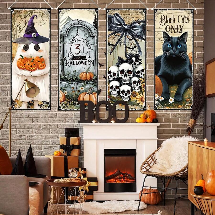 4pcs Halloween Vintage Hanging Flags Party Decoration, Vintage Theme Party Banner, Black Cat, Skeleton, Ghost Horror Decor, Outdoor Wall Art, Porch Sign Backdrop, Suitable For Haunted House Halloween Decoration, Halloween Party Supplies - A - View 1