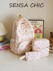 Fashionable Pink Fabric Backpack With Multiple Pockets And Large Capacity, Decorated With Bow Pattern, And Equipped With Adjustable Shoulder Straps. Suitable For Students, Travelers, Office Workers, Teachers, Commuters, Vacationers, Short Trips And Weekend Outings. - Pink - View 1