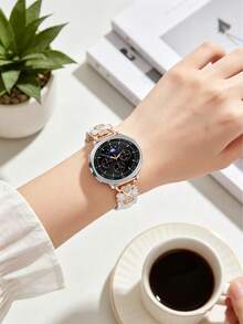 1件白色與玫瑰金適配 Galaxy Watch 8 40mm 44mm女款/男款微纖維錶帶，鑲嵌人造鋯石時尚金屬扣替換錶帶，超薄舒適防汗，適合4.3至6.5英吋手腕周長，優雅時尚，適用商務/約會/婚禮/派對/日常佩戴，送給她的可愛禮物，智慧錶帶替換配件 - 白色+玫 - 查看 6