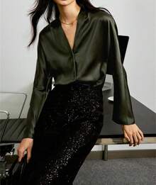 Blusa de seda con cuello en V para mujer, de manga larga, formal, brillante - Azul - Ver 6