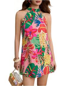 - Vestido corto sin mangas con estampado floral para mujer, cuello halter, línea A - rosado y anaranjado - Ver 34