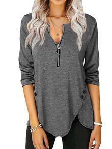 Fisoew - Blusa casual de manga larga para mujer, cuello redondo, botones laterales - Marrón - Ver 9
