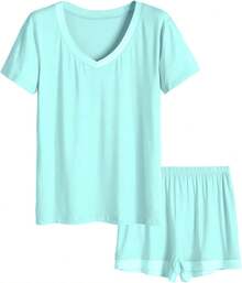 Latuza - Conjunto de Pijama de Manga Corta con Cuello en V para Mujer - Violeta - Ver 22