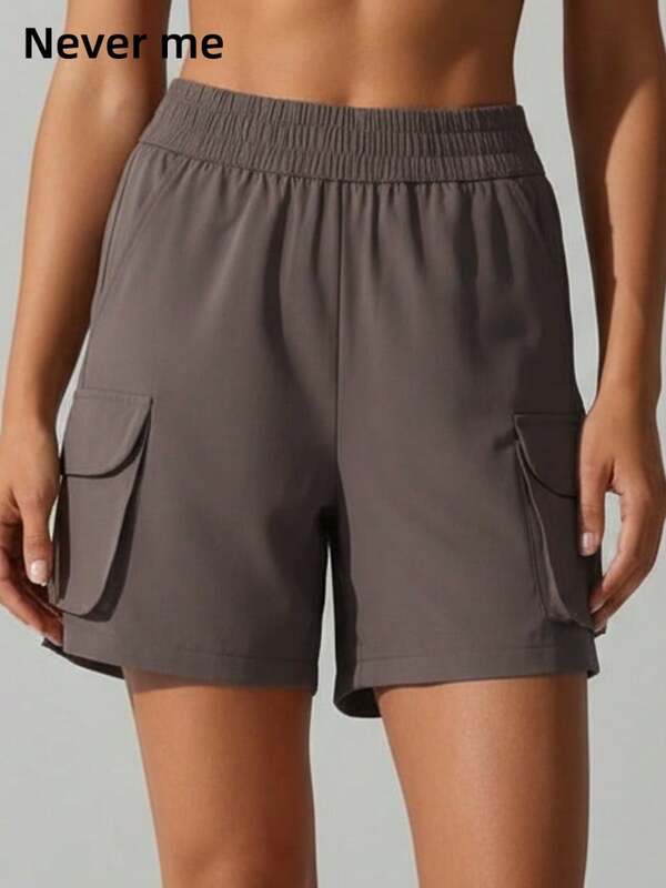 Never me Women's Solid Color Elastic Waist Cargo Multi-Pocket Loose Sports Shorts, Summer Daily Commute Casual Workout Outdoor, Comfortable Lightweight