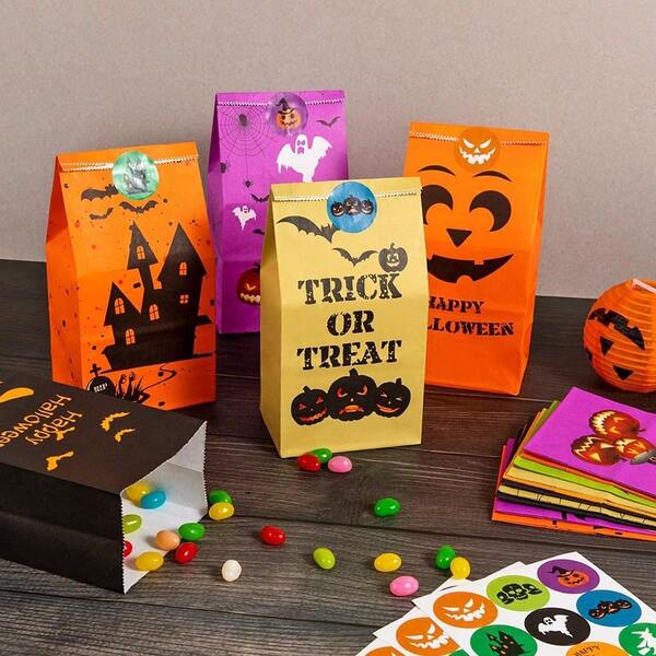 24/10pcs Halloween Kraft Paper Bags For Her/Him, Creative Flat Candy Pockets For Party Favors, Pumpkin Skull Demon Design Halloween Decoration Trick Or Treat Packaging Bags, Random Style, Stickers Not Included