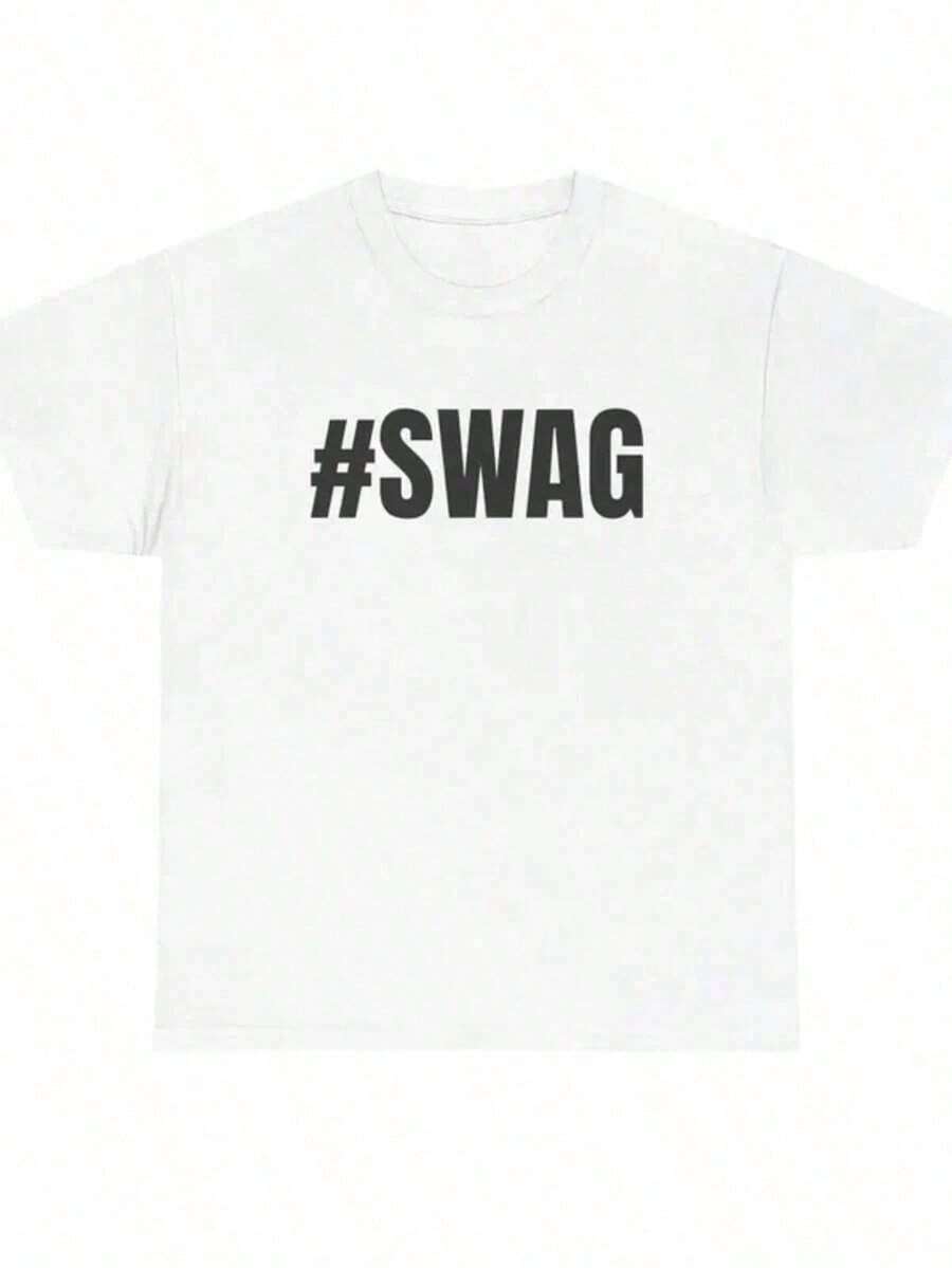 SWAG Slogan Short-Sleeved T-Shirt, 100% Cotton # Unisex SWAG Unique Y2K Streetwear Graphic Print T-Shirt, All Sizes, For Casual Everyday Wear, Summer Essential - 白色 3 - 查看 1
