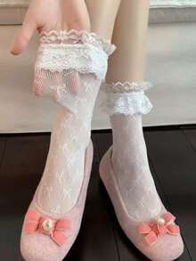 1 Pair -Style Lace Trim Mid-Calf Socks For Women, Lolita Bow-Knot Leg Warmers, Spring/Autumn Ballet Style JK Slouch Socks - Multicolor - View 2