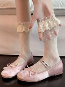 1 Pair -Style Lace Trim Mid-Calf Socks For Women, Lolita Bow-Knot Leg Warmers, Spring/Autumn Ballet Style JK Slouch Socks - Multicolor - View 7