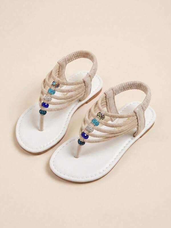 1 Pair 2026 New Girls' Slippers, Multi-Layer Thin Straps With Color Block Blue Rhinestone Beads, Elastic Toe Strap Flat Sole, Bohemian Vacation Style Kids' Sandals, Beach Outing Outfit