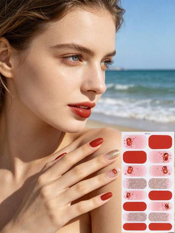 16pcs/1 Sheet Red Cherry Gold Glitter Graduation Nail Stickers, Waterproof, Home DIY, Suitable For Summer Beach, Vacation, Graduation Gift, Winter Nail Art, Back To School, Full Coverage Self-Adhesive No UV Nail Stickers