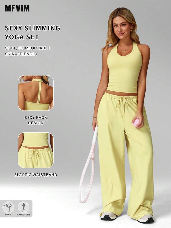 Conjunto deportivo de 2 piezas para mujer MFVIM, top de yoga con cuello halter y pantalones casuales de pierna ancha, transpirable, suave y cómodo, versátil para uso diario