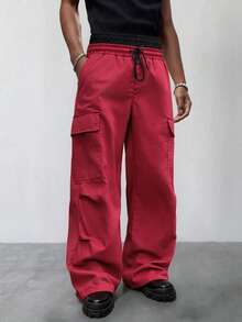 Whitmere Men's Casual Long Pants Double Waistband Colorblock Waist Multi-Pocket Cargo Pants Straight Leg Loose Fit Wide Leg Pants Fall/Autumn Gift - Red - View 6