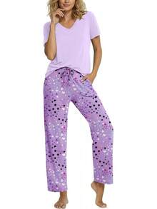 PrinStory - Conjunto de pijama suave de 2 piezas para mujer, conjunto de pijama casual de manga corta con bolsillos - Rayas cian - Ver 3